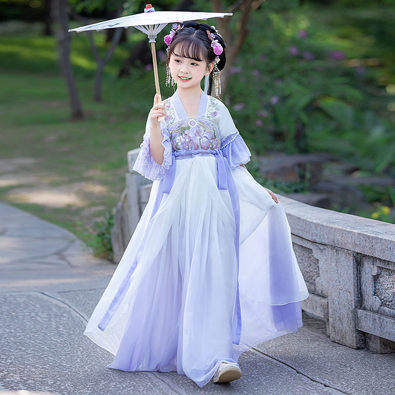 女童汉服2025新款夏季超仙齐胸襦裙中国风儿童紫色唐装古筝演出服
