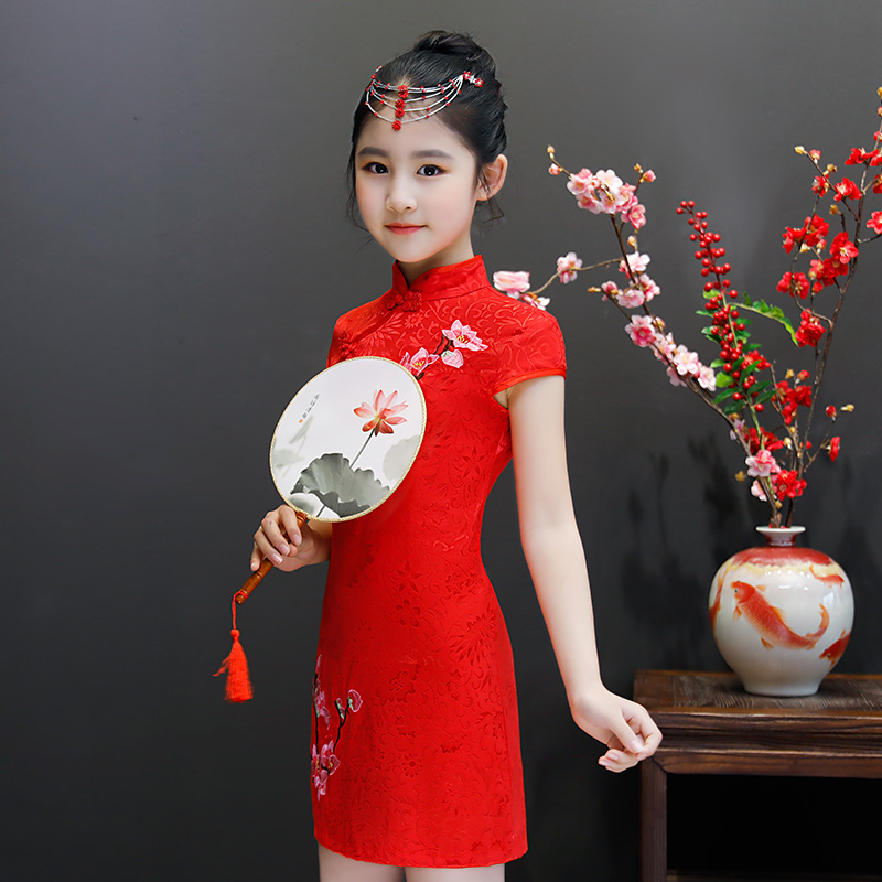 女童旗袍裙夏2020新款儿童唐装公主裙中国风花刺绣古筝舞蹈演出服