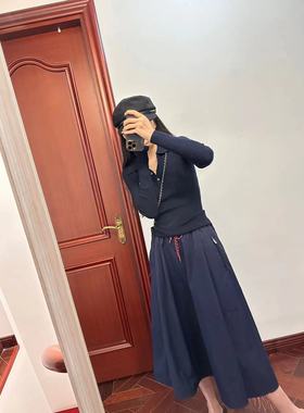 现货~自留！m1u系山羊绒桑蚕丝针织衫+抽绳系带藏蓝色伞裙半裙