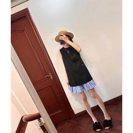 现货~ 限时折~宋妍霏同款~selfwho*别致设计黑色拼接裙边连衣裙