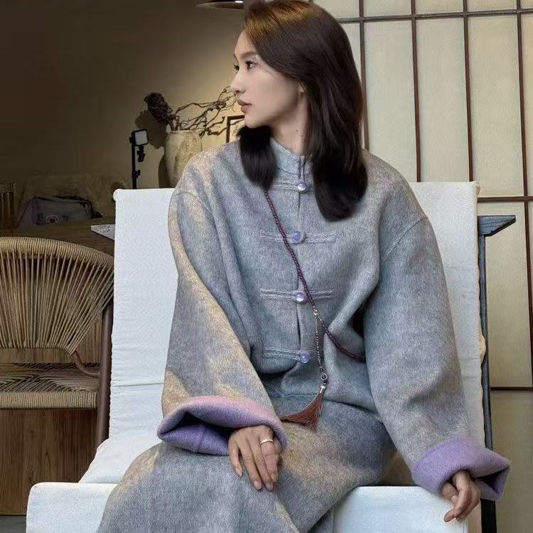 MCHIC| 新中式老钱风！绵羊毛桑蚕丝撞色双面呢~立领盘扣大衣外套