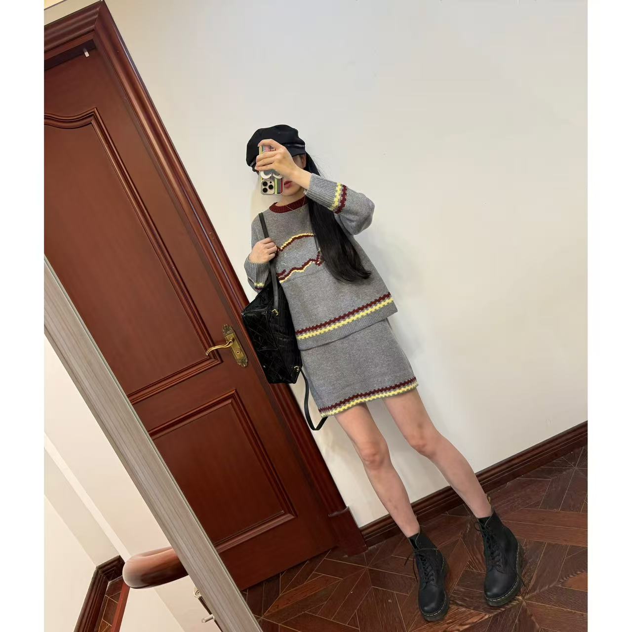 MCHIC | 少量！原纱~SW绵羊毛混纺撞色猫咪针织长袖+半裙