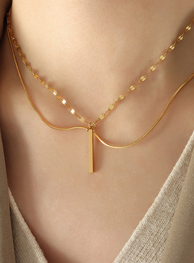 欧美小众设计轻奢长方条吊坠多层叠戴项链女锁骨链钛钢百搭饰品