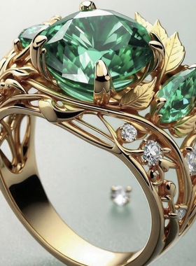 三杰欧美跨境新品戒指创意花卉感女士绿宝石temu爆款手饰