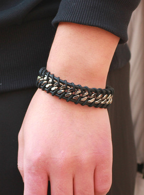 真皮复古手链男士日韩个性铁链手饰潮男学生手环欧美手饰时尚简约