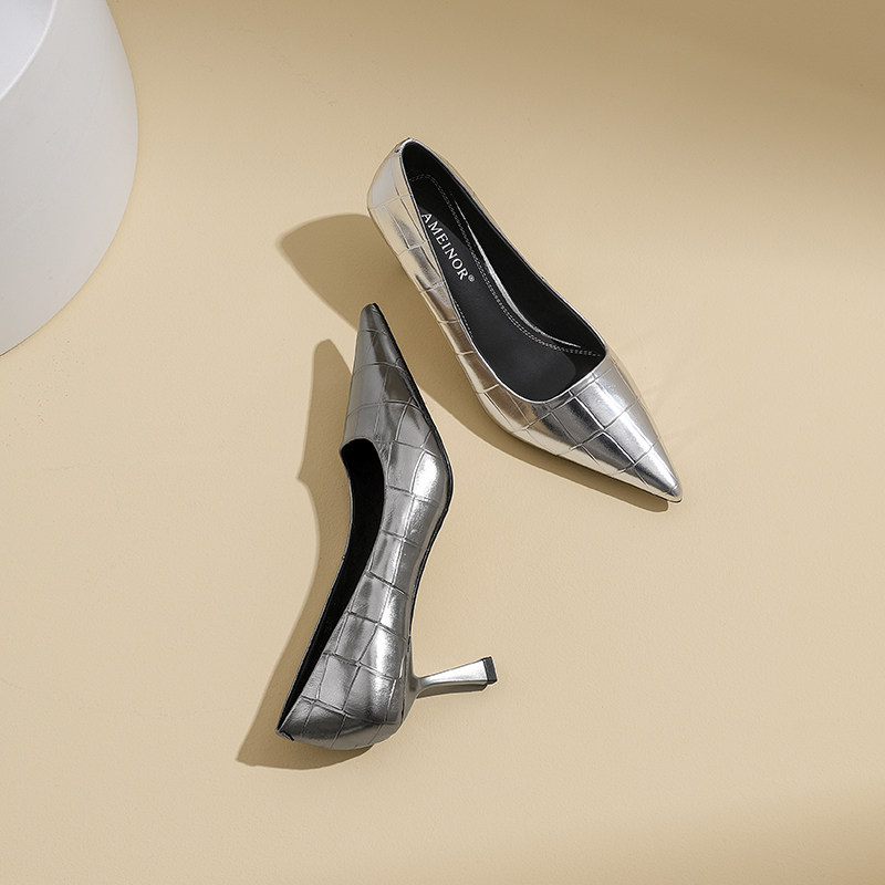 AMEINOR高级金属色尖头高跟鞋2026春夏新款真皮气质通勤单鞋细跟