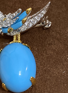中古风人工蓝松石925银镀金镶嵌满钻小鸟胸针吊坠两用款
