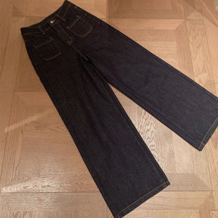 5886 YKK深蓝色设计感高腰加绒直筒阔腿裤 10Z品牌防褪色牛仔