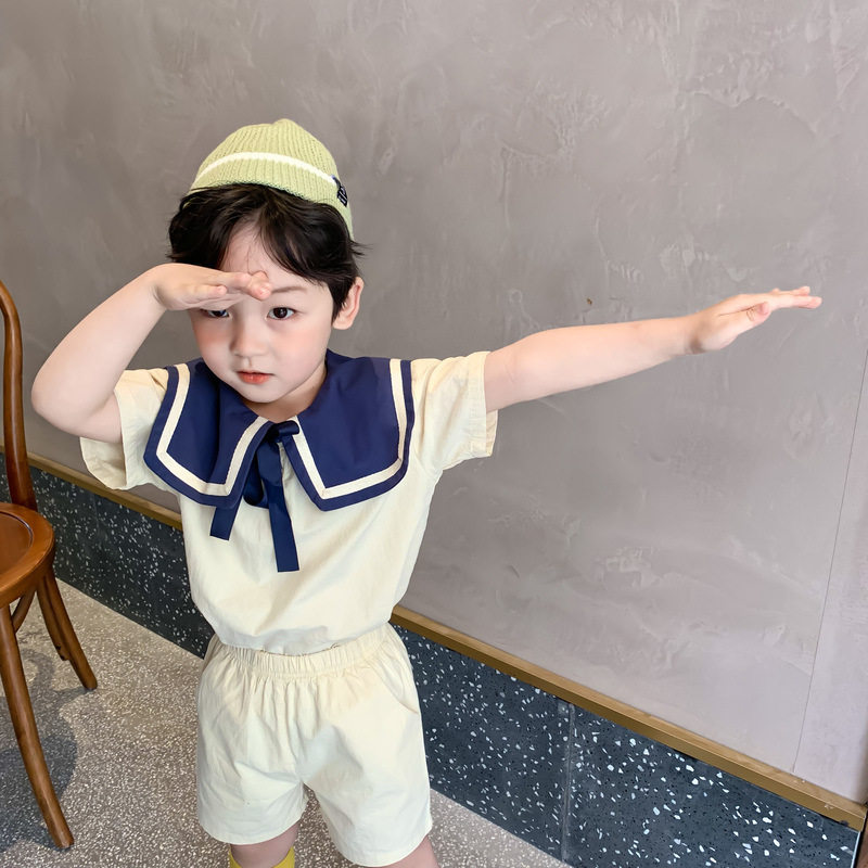 【断码】夏款男童女童韩版学院风套装棉麻翻领连衣裙兄妹装