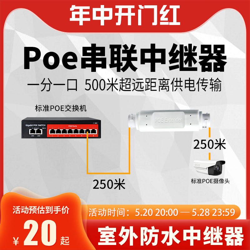 POE串联中继器适用于48VPOE交换机监控摄像头网络供电最远传输至500米室外防水