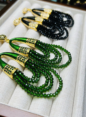 中古夸张耳环手工串珠流苏扫肩款祖母绿黑色珐珐琅彩高级感
