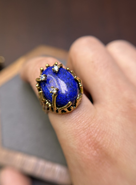 铜镀俄金天然石复古做旧戒指开口可调节大气百搭