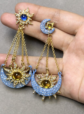中古风蓝色月亮星芒不对称长耳环