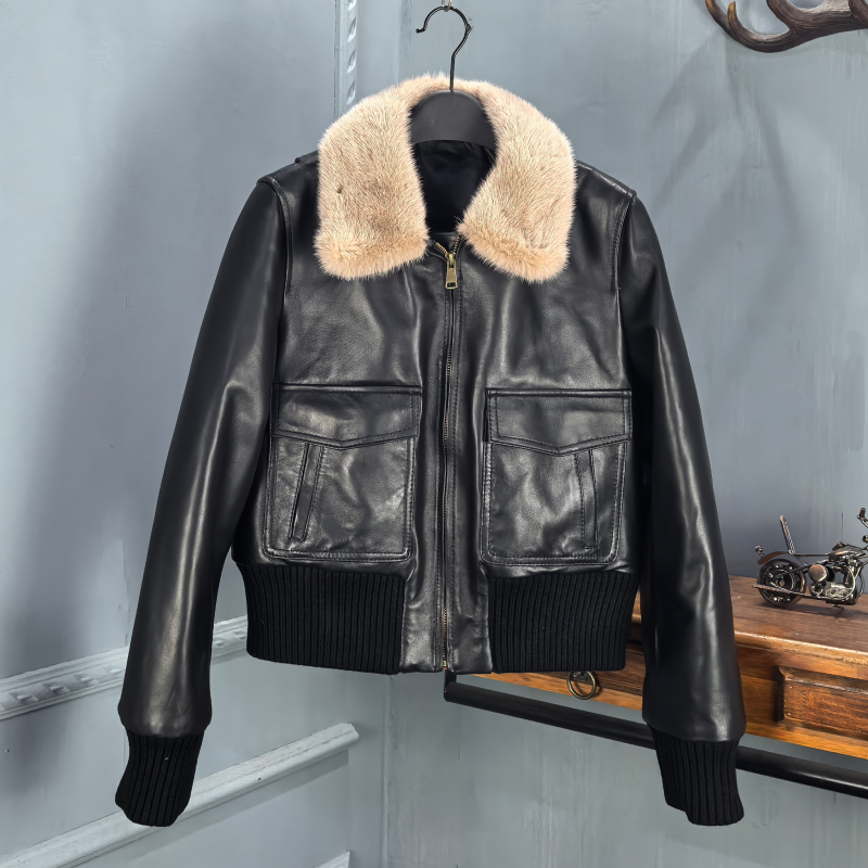 海宁2025冬季水貂毛领绵羊皮羽绒服女短款机车夹克显瘦鹅绒外套