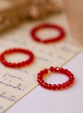 红色浪漫红色戒指女进口14k注金超闪水晶细戒指叠戴复古风ins个性