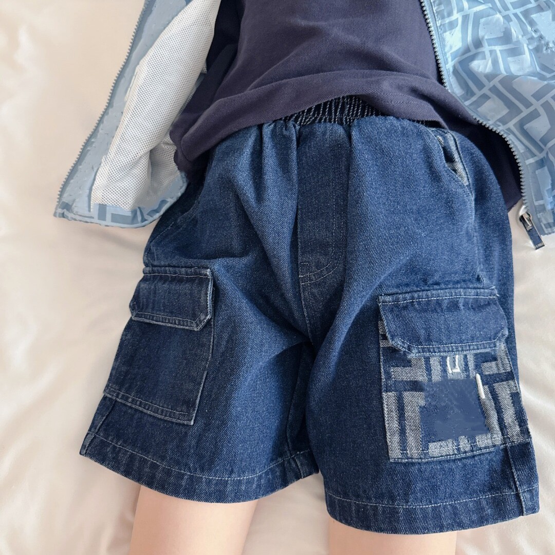 26春夏新品松紧腰绣花大口袋牛仔短裤男女童宽松百搭阔腿裤五分裤