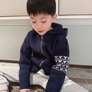 菱形格狗狗图案连帽针织开衫拉链针织毛衣男女童羊毛混纺打底上衣