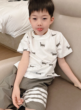 童装小中大宝腊肠狗白色圆领T恤小白T幼儿园小学生上衣棉吸汗透气