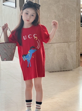 26春夏马年新品红色卡通小马印花短袖T恤男女童纯棉多巴胺风上衣
