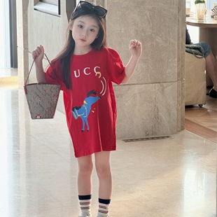 26春夏马年新品红色卡通小马印花短袖T恤男女童纯棉多巴胺风上衣