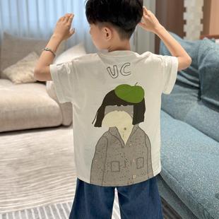 2025新款小中大童装亲子款漫画系列喷画帽子胡子狗狗插画短袖T恤