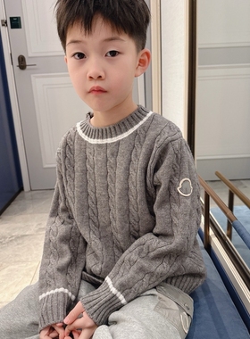 简约大气白边麻花灰色针织毛衣童装小中大童男女百搭秋冬内搭外穿