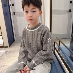 简约大气白边麻花灰色针织毛衣童装小中大童男女百搭秋冬内搭外穿