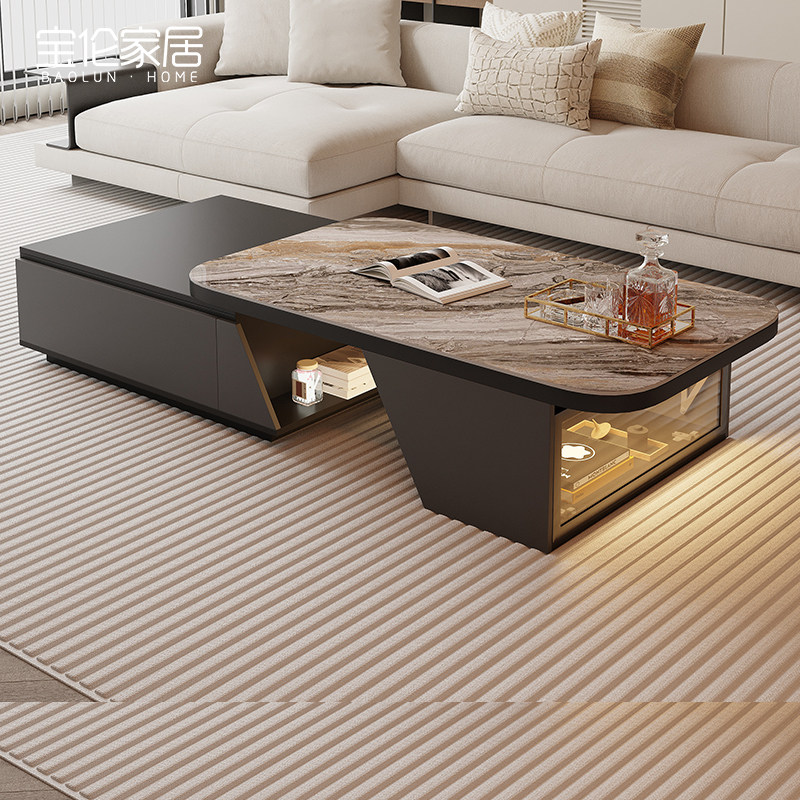 岩板轻奢伸缩茶几2025新款客厅家用高端实木拉伸茶几电视柜组合