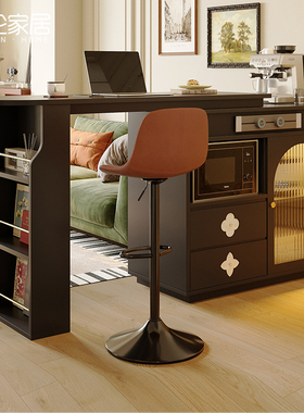 法式复古吧台桌家用小户型客厅黑色高级感可伸缩实木吧台桌休闲