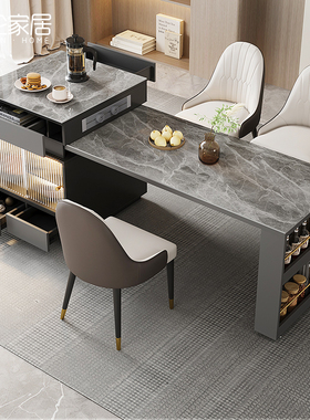 轻奢实木岩板岛台餐桌一体可伸缩多功能小户型厨房吧台桌饭桌定制