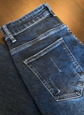 九分牛仔裤男士深蓝色韩版帅气水洗猫须修身小脚裤潮流弹力九分裤