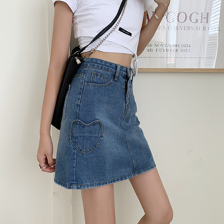 Real shooting sweet stitching love denim skirt