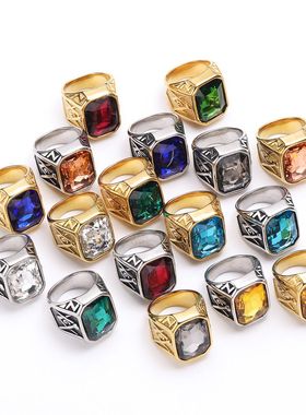 海腾饰品欧美风格个性大宝石共济会 AJ钛钢戒指男   潮流嘻哈手饰