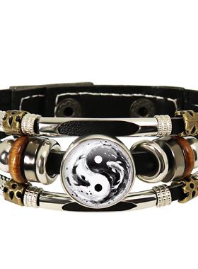跨境配饰 复古阴阳龙阴阳鱼太极八卦手链黑色手链 皮革手绳饰品