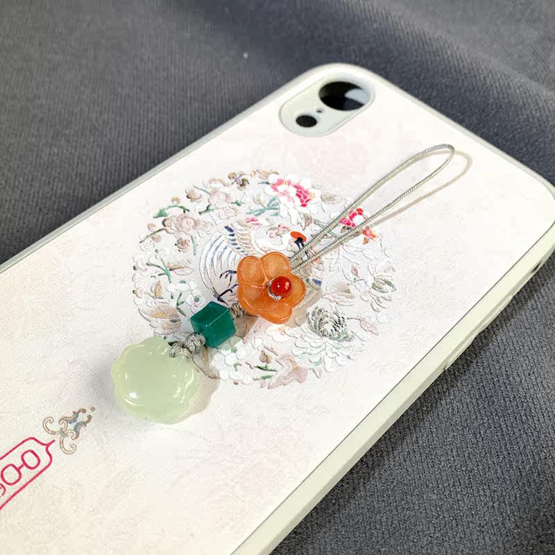 天然岫玉如意锁手机链挂件金丝玉花朵钥匙扣 U盘挂件扇坠押襟饰品