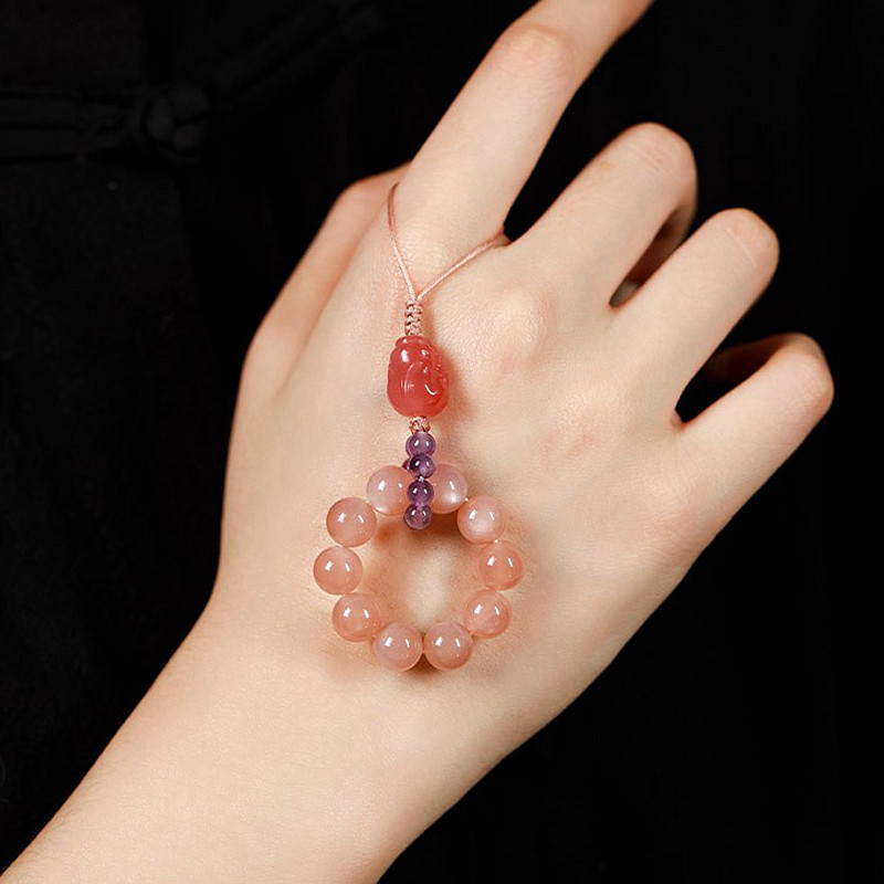 太阳石紫水晶圆珠手机链挂件草莓晶指环扣盐源玛瑙招财貔貅挂饰品
