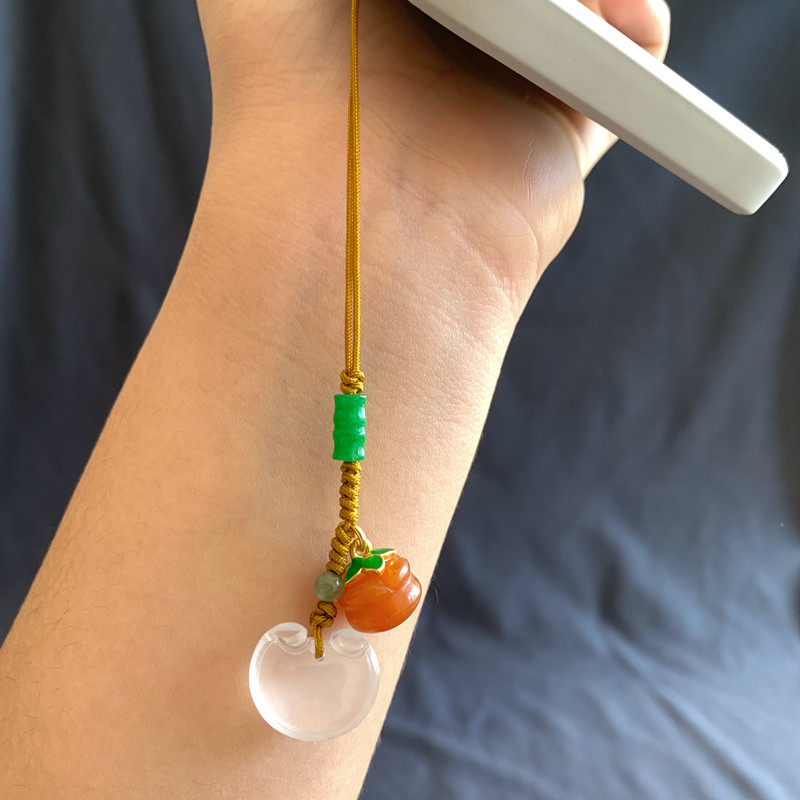 天然水沫玉如意锁手机挂件挂饰金丝玉柿子短款钥匙扣古风招财饰品