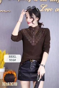 冬季新款女士加绒打底衫立领黑色蕾丝保暖短款上衣弹力修身小衫潮