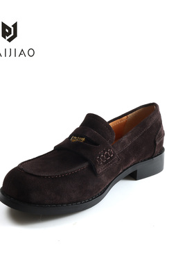 排角 · 复古圆头金币乐福鞋女英伦风粗跟小皮鞋牛反绒单鞋3557-5