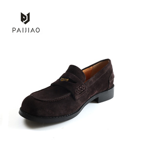 排角 · 复古圆头金币乐福鞋女英伦风粗跟小皮鞋牛反绒单鞋3557-5