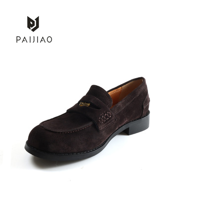 排角粗跟英伦风金币乐福鞋女