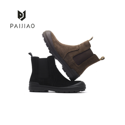 排角厚底圆头牛皮一脚蹬套筒靴