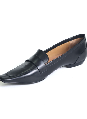 胎牛皮手工鞋设计复古软皮粗跟单鞋女方头一脚蹬乐福鞋XC6835-3