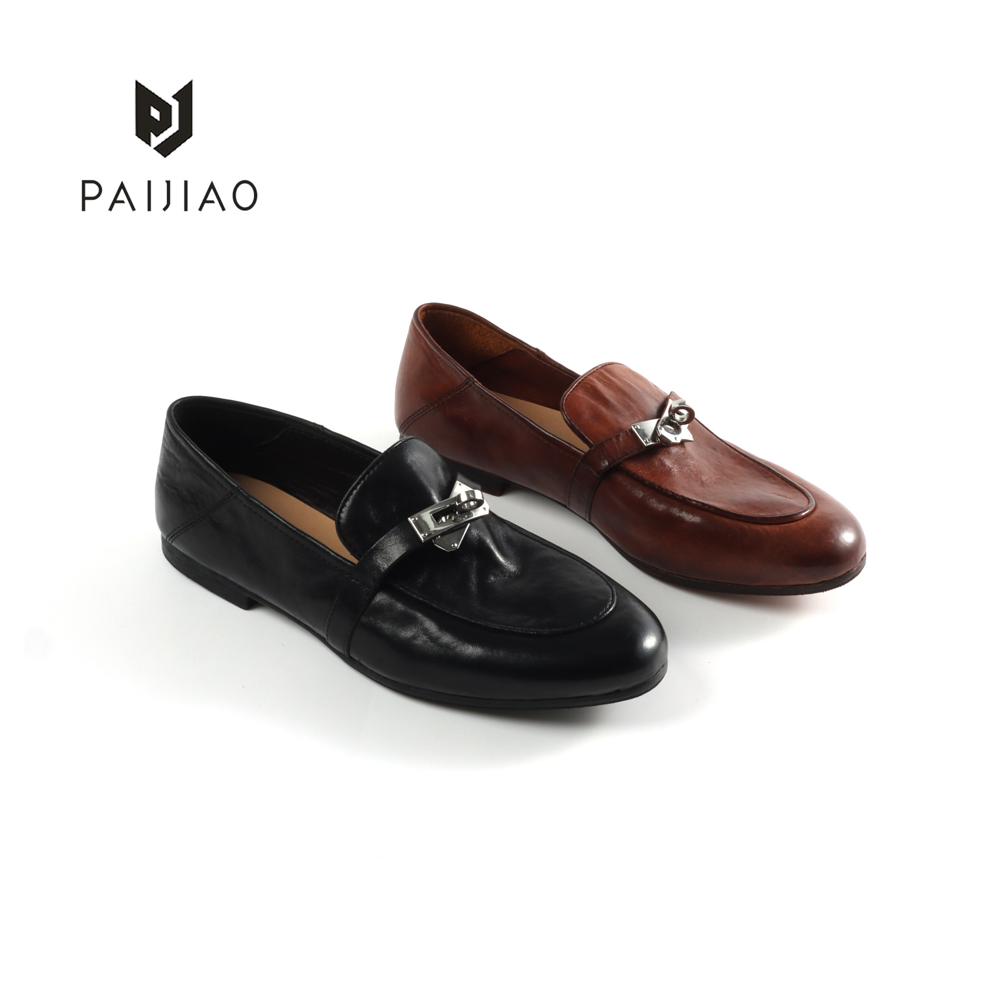 PAIJIAO 新款锁扣平底乐福鞋女马皮做旧真皮底小皮鞋XBH2630-01,女鞋,乐福鞋（豆豆鞋）,淘宝优惠券,粉丝福利购,淘宝优惠卷