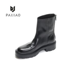 排角/马皮圆头英伦风复古后拉链松糕底粗跟马丁靴女短靴XD113040