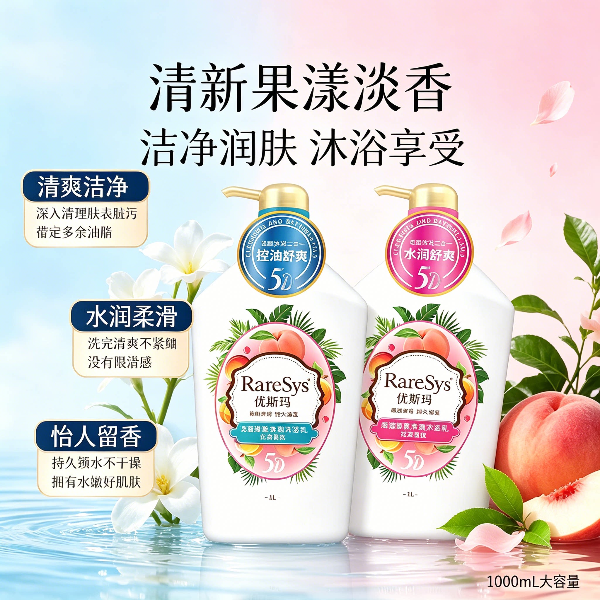 琴叶优斯玛海藻酵素净澈沐浴乳花漾蜜桃皂基沐浴露家庭装持久留香