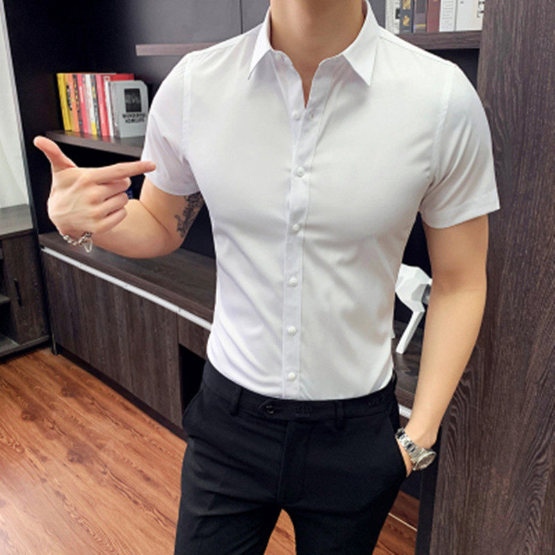 短袖衬衫男韩版潮流帅气薄款7分七分袖衬衣男修身休闲中袖寸衫男