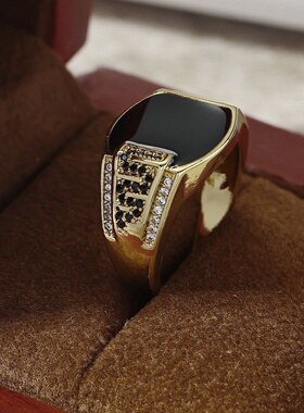 欧美嘻哈风男士商务戒指黑钻珐琅微镶锆石仿真潮流男流行首饰
