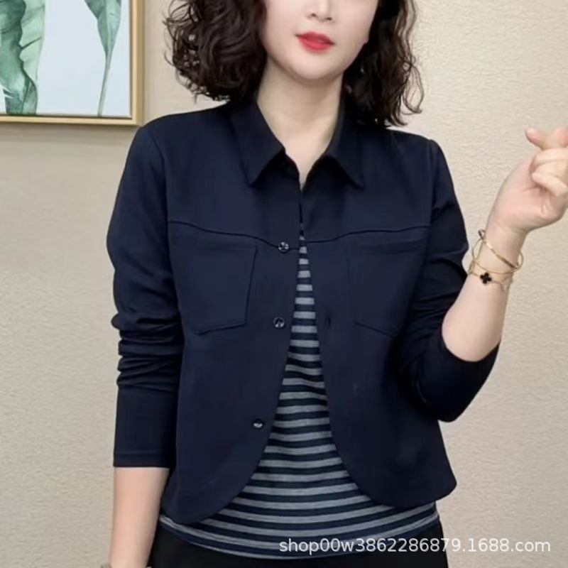 休闲短款外套2025秋季新品时尚百搭宽松上衣假两件中年妈妈装洋气