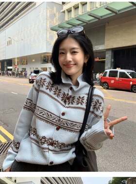 【精纺羊毛】费尔岛复古雪花图案开衫针织开衫女秋冬宽松显瘦毛衣